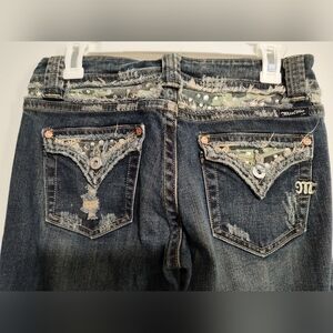 MISS ME Bling Distressed Camo Flap Pocket Boot Cut Denim Blue Jeans Women’s 29